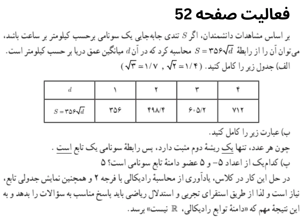 جواب فعالیت صفحه ۵۲ ریاضی یازدهم تجربی