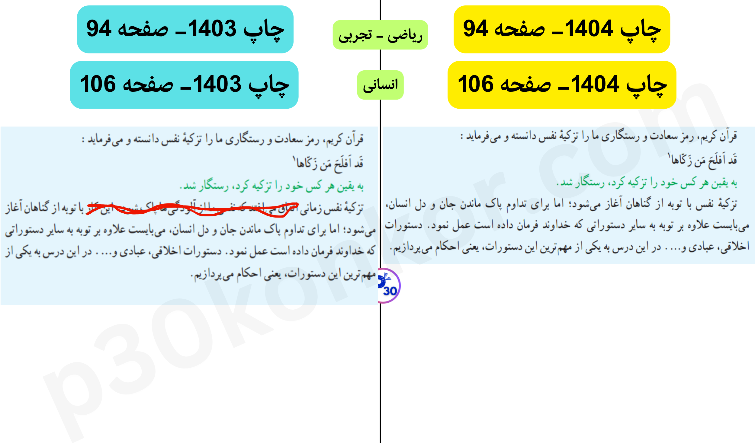تغییرات کتاب دینی دوازدهم چاپ 1404 نسبت به چاپ 1403