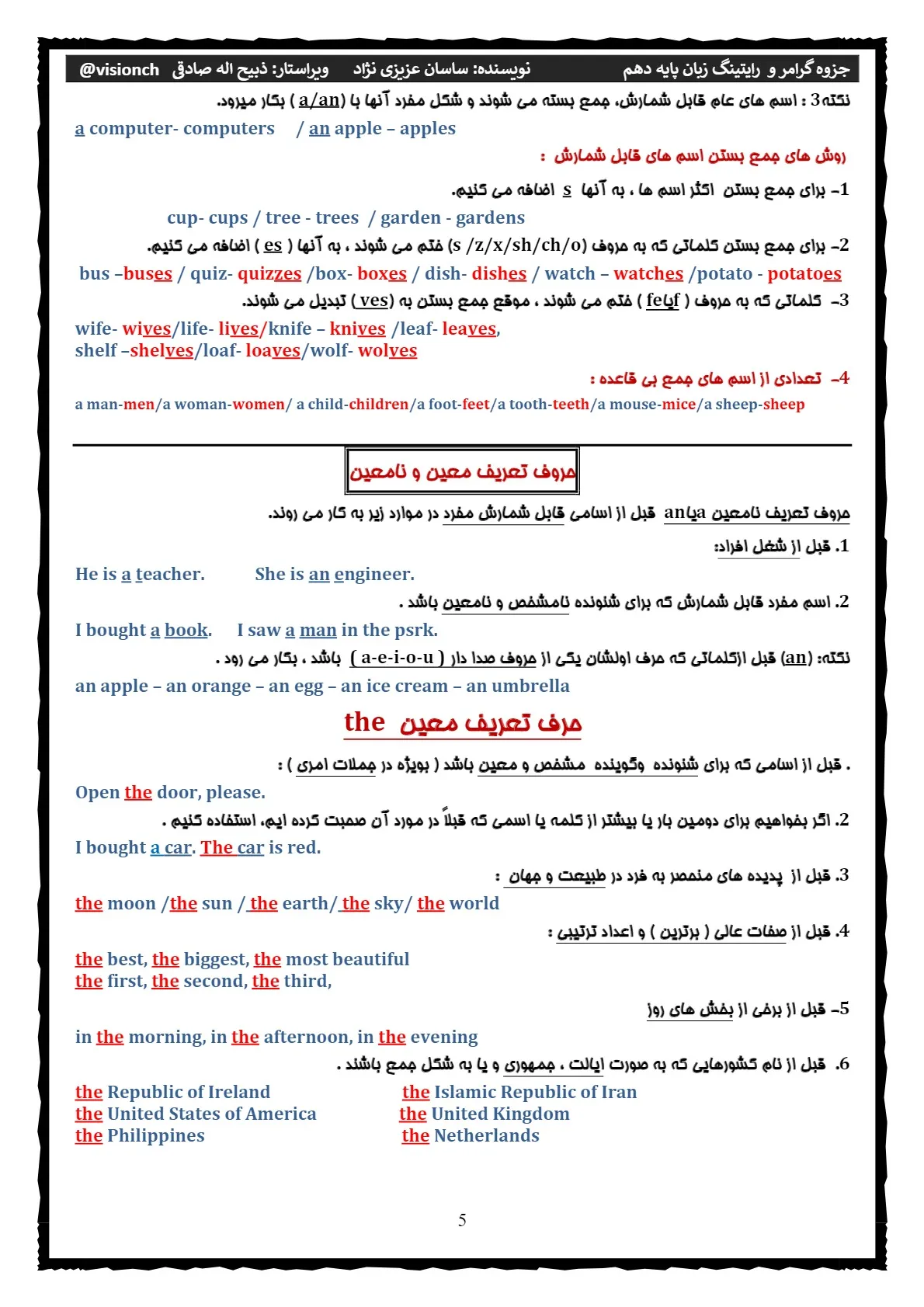 جزوه گرامر و رایتینگ زبان انگلیسی دهم (درس اول،دوم، سوم،چهارم)