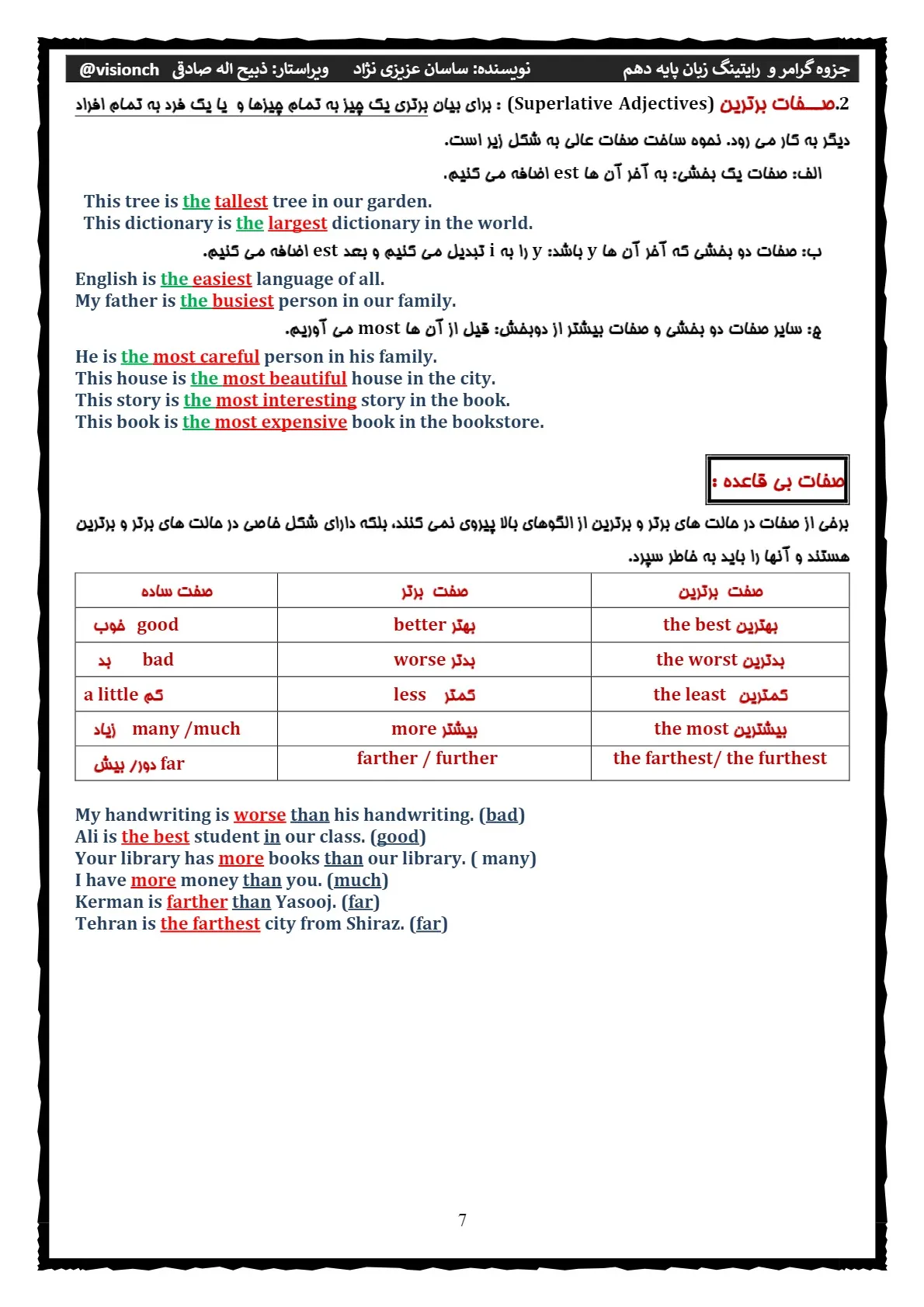 جزوه گرامر و رایتینگ زبان انگلیسی دهم (درس اول،دوم، سوم،چهارم)