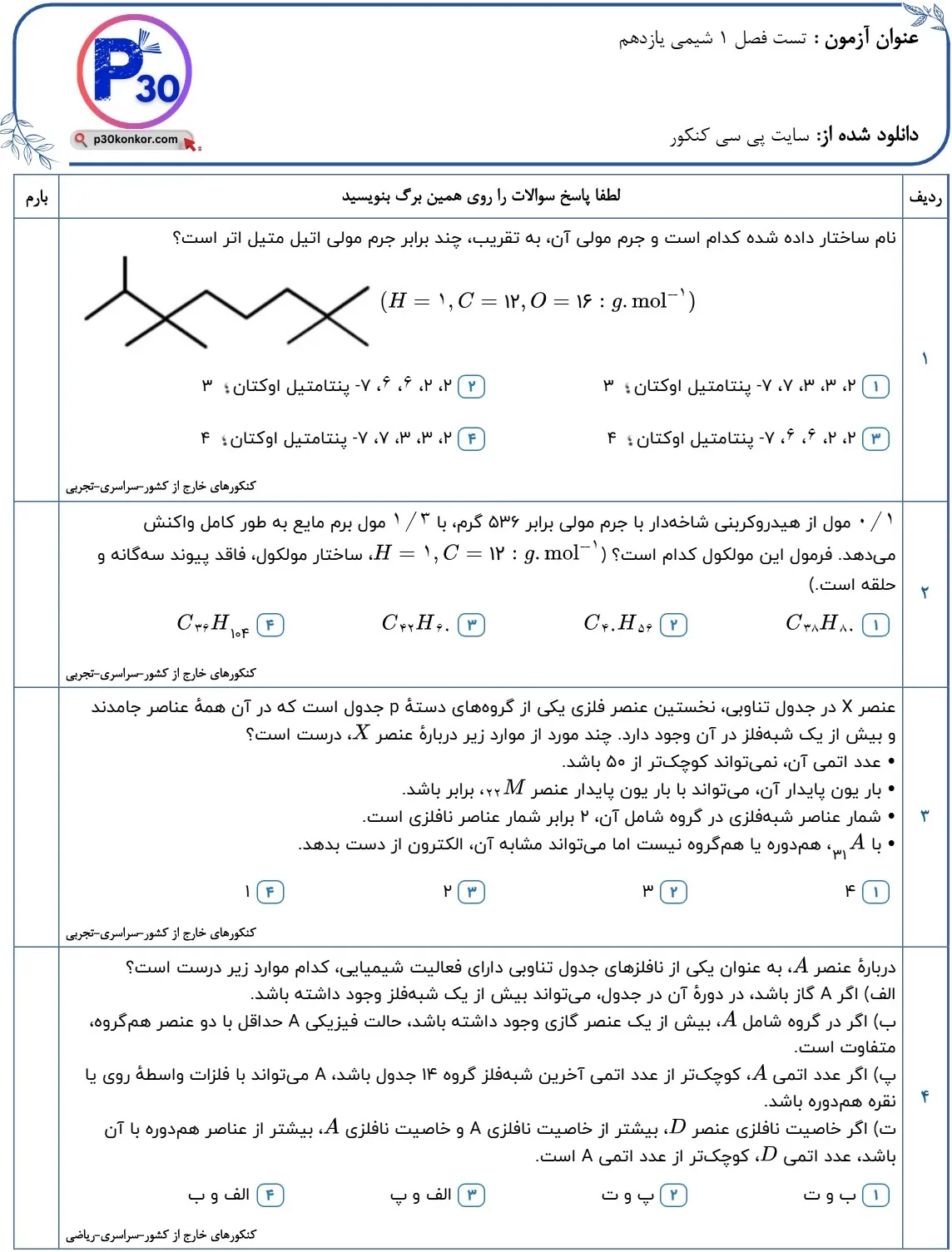سوالات کنکور فصل اول شیمی یازدهم با پاسخ تشریحی