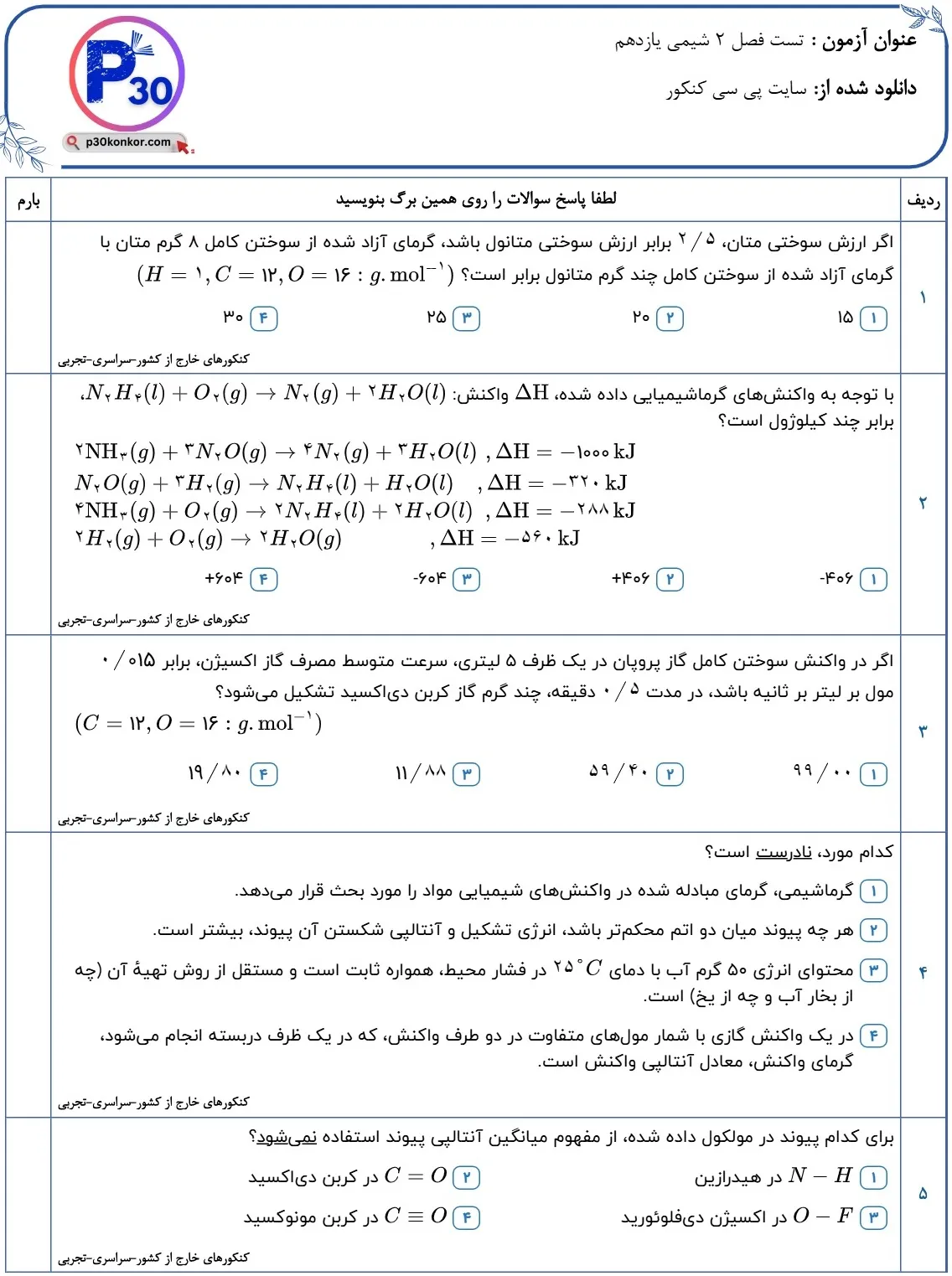 سوالات کنکور فصل دوم شیمی یازدهم با پاسخ تشریحی