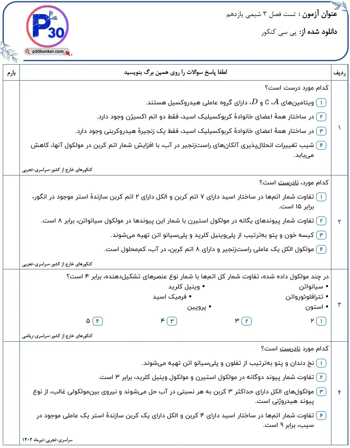 سوالات کنکور فصل سوم شیمی یازدهم با پاسخ تشریحی