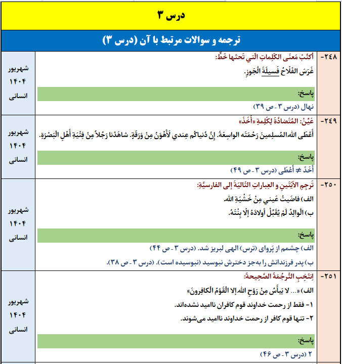 جزوه 600 سوالات نهایی درس به درس عربی دوازدهم انسانی با جواب