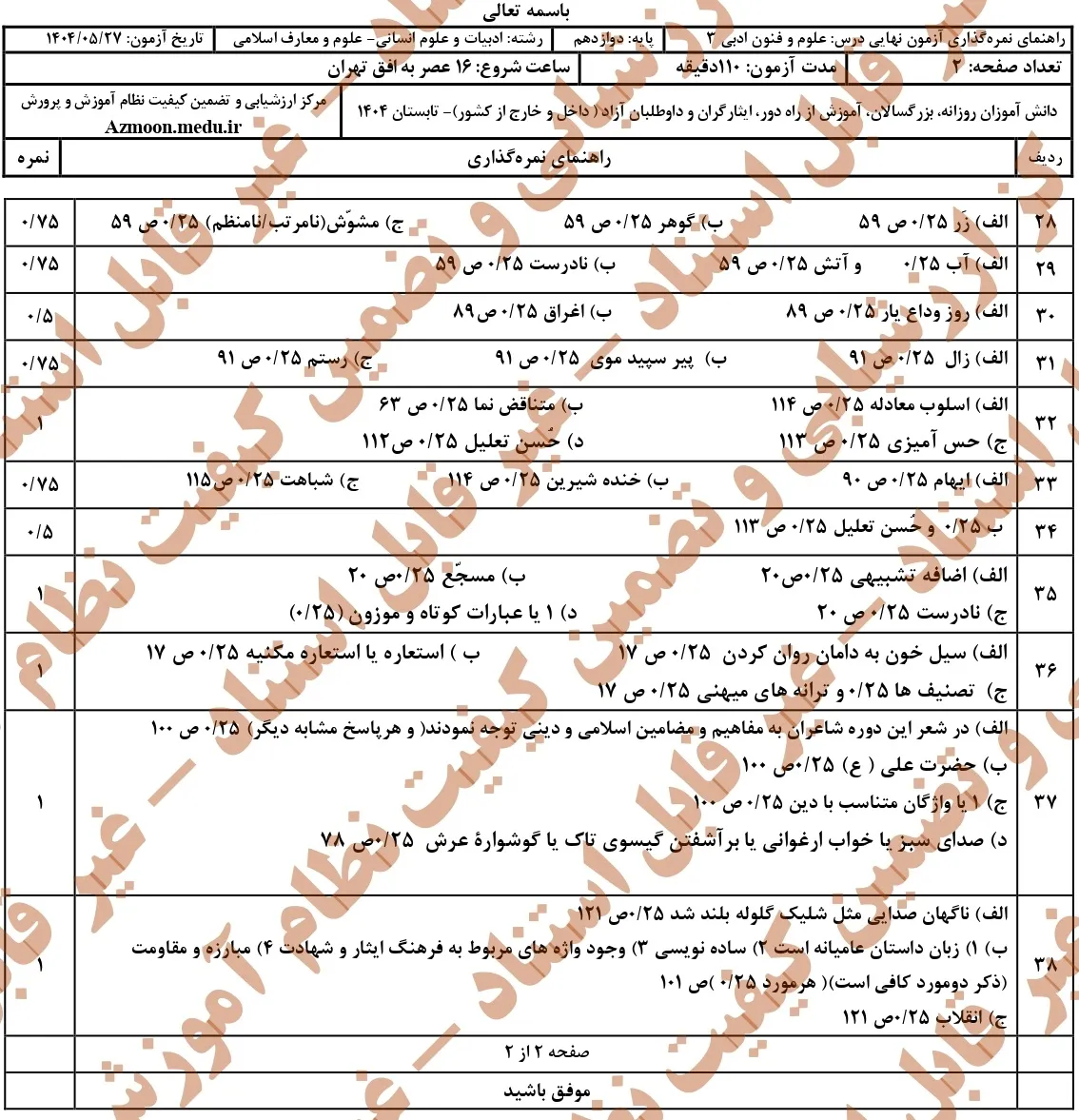 سوالات نهایی علوم و فنون ادبی دوازدهم شهریور ۱۴۰۴ + جواب