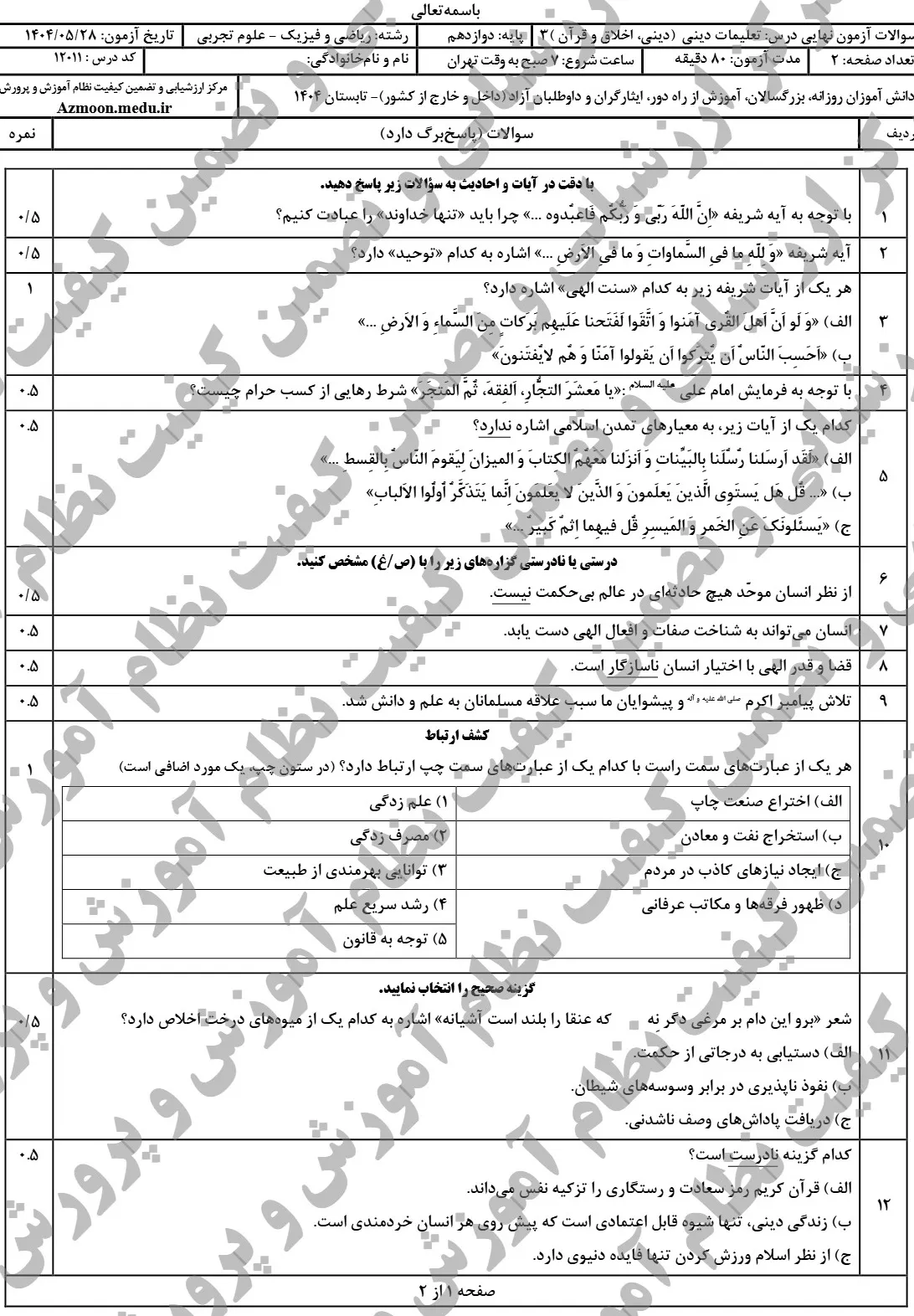 سوالات نهایی دین و زندگی دوازدهم شهریور ۱۴۰۴ + جواب