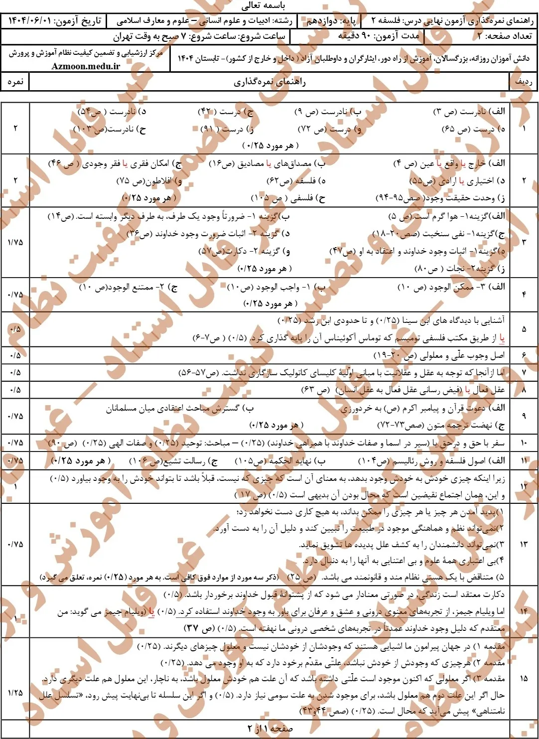 سوالات نهایی فلسفه دوازدهم شهریور ۱۴۰۴ + پاسخنامه