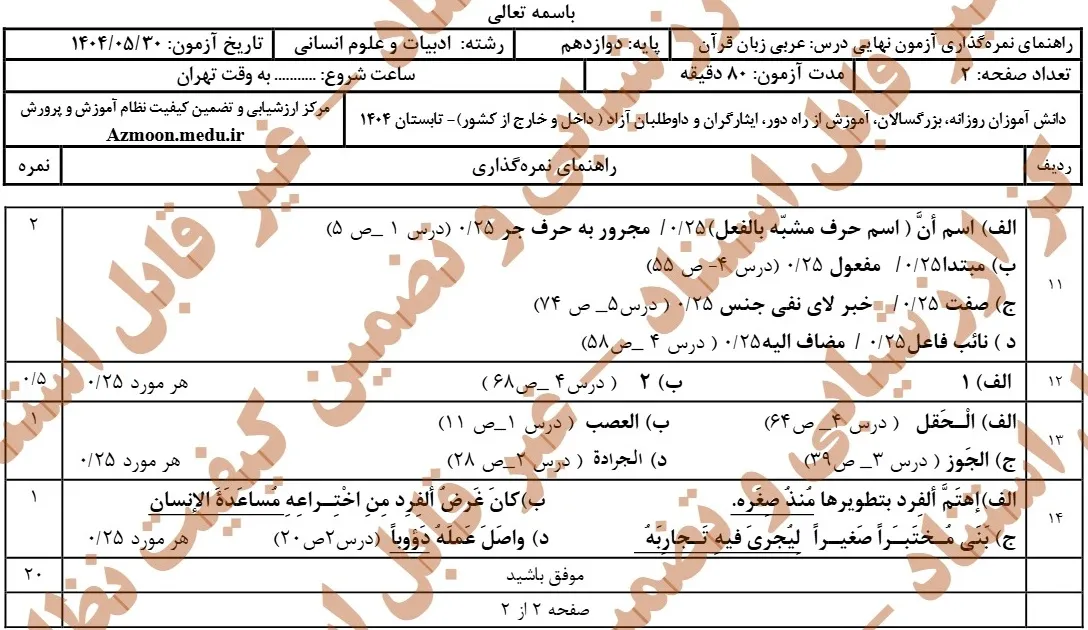 سوالات نهایی عربی انسانی دوازدهم شهریور ۱۴۰۴ + پاسخنامه