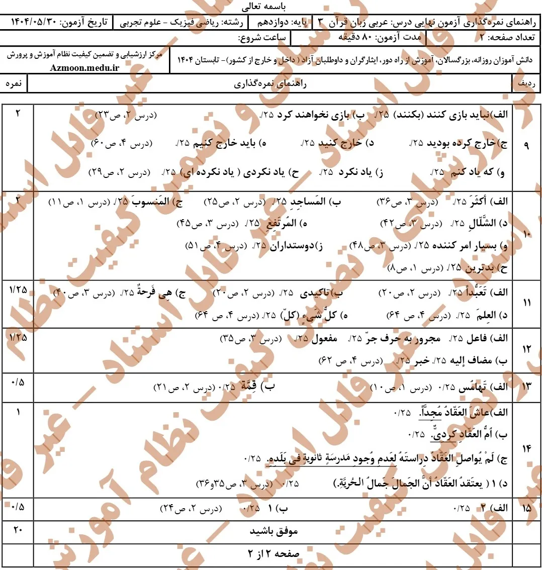 سوالات نهایی عربی دوازدهم تجربی و ریاضی شهریور ۱۴۰۴ + پاسخنامه
