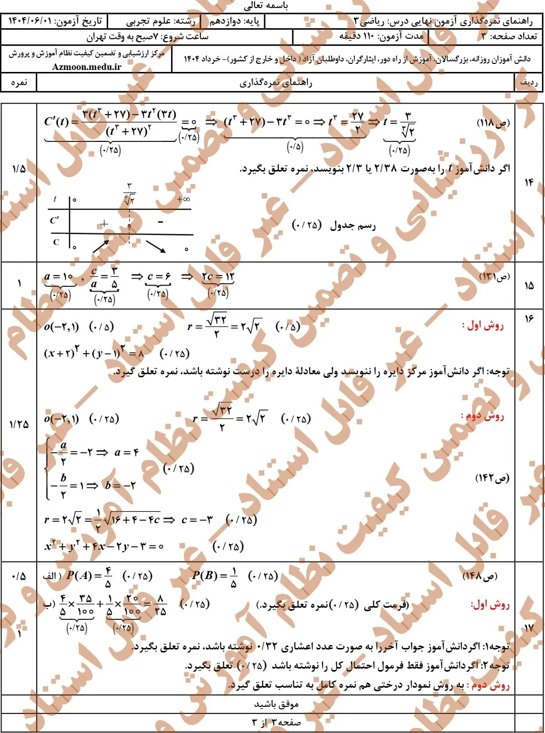 سوالات نهایی ریاضی تجربی دوازدهم شهریور ۱۴۰۴ + جواب