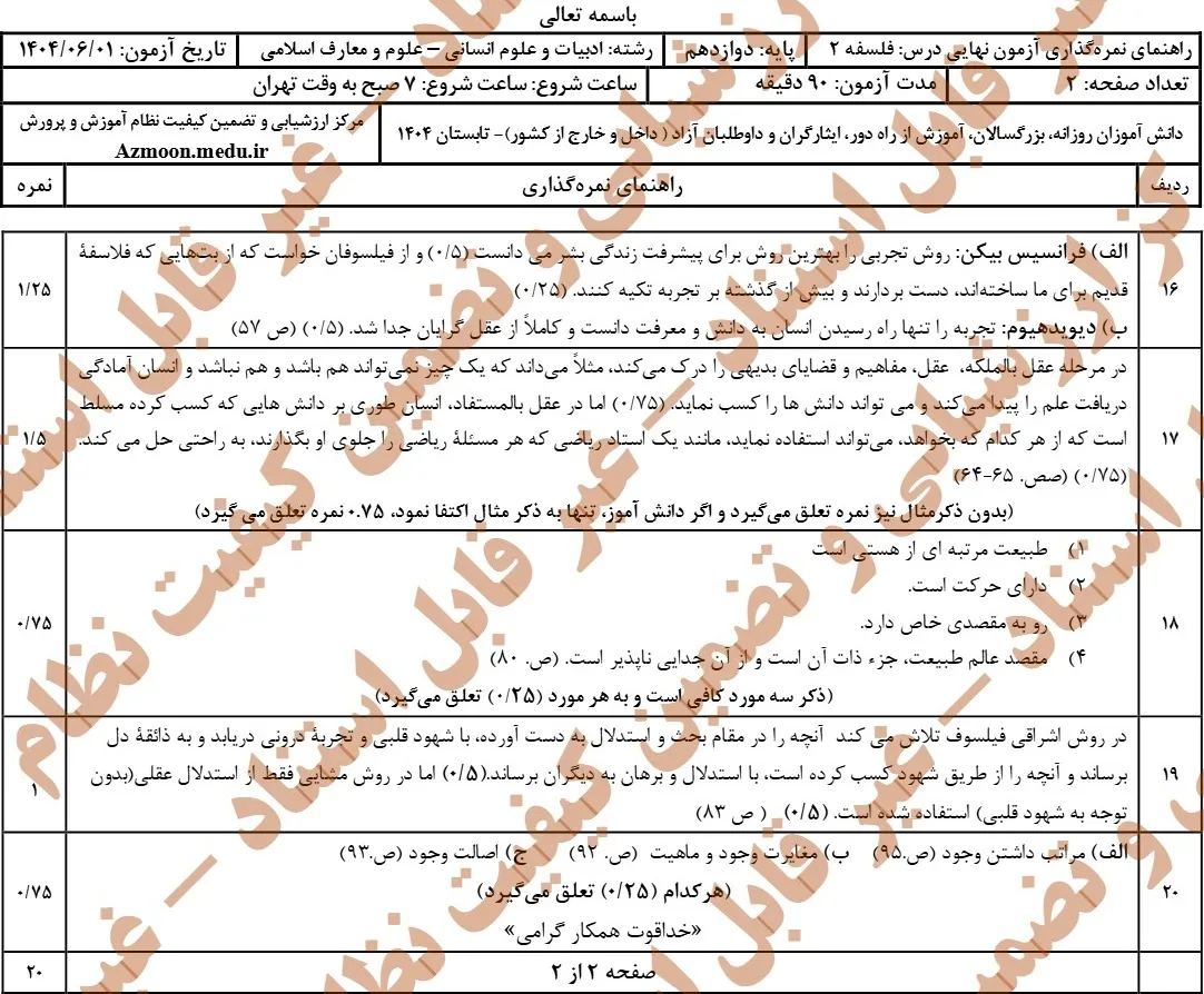 سوالات نهایی فلسفه دوازدهم شهریور ۱۴۰۴ + پاسخنامه