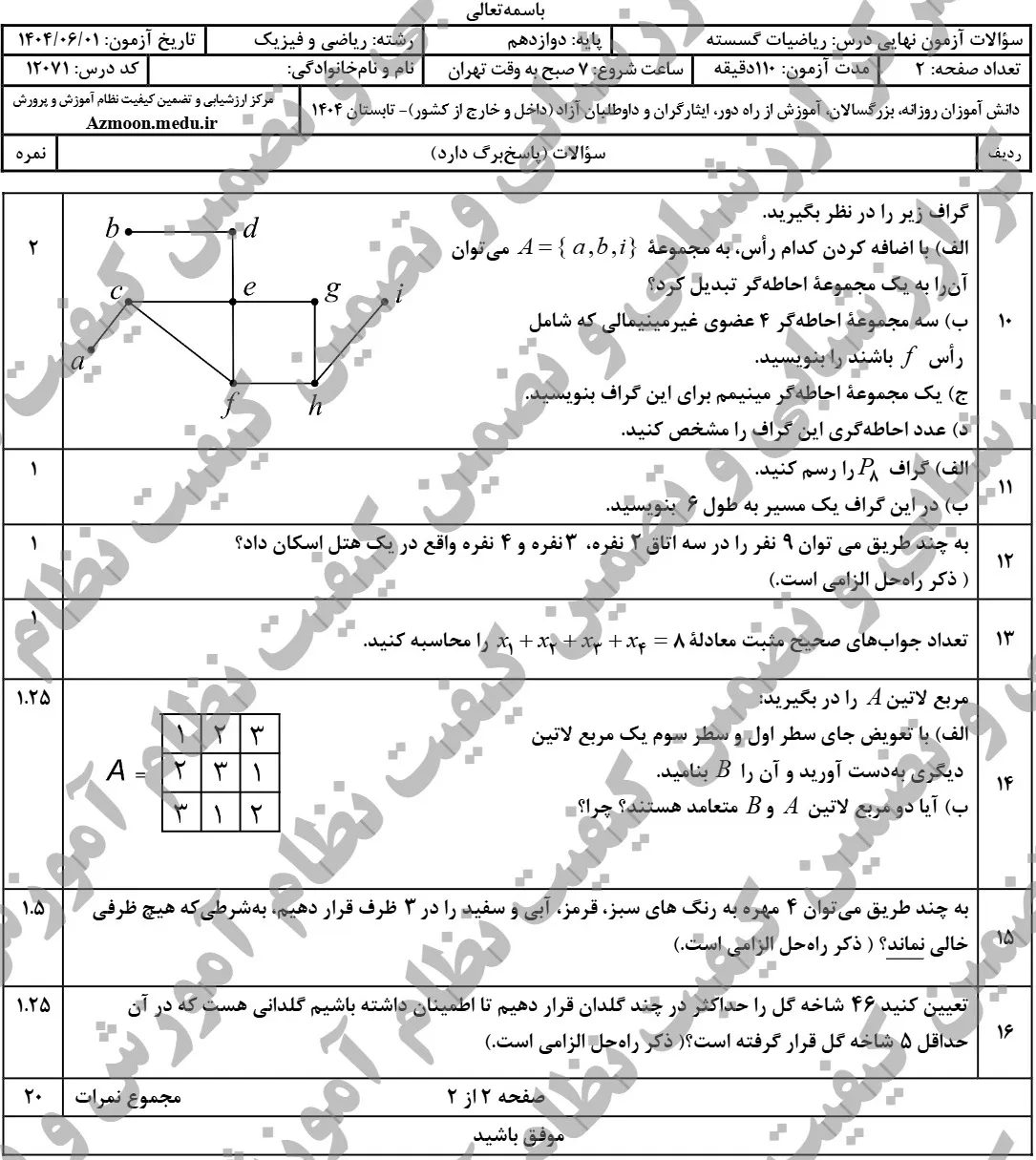 سوالات نهایی ریاضی گسسته دوازدهم شهریور ۱۴۰۴ + جواب
