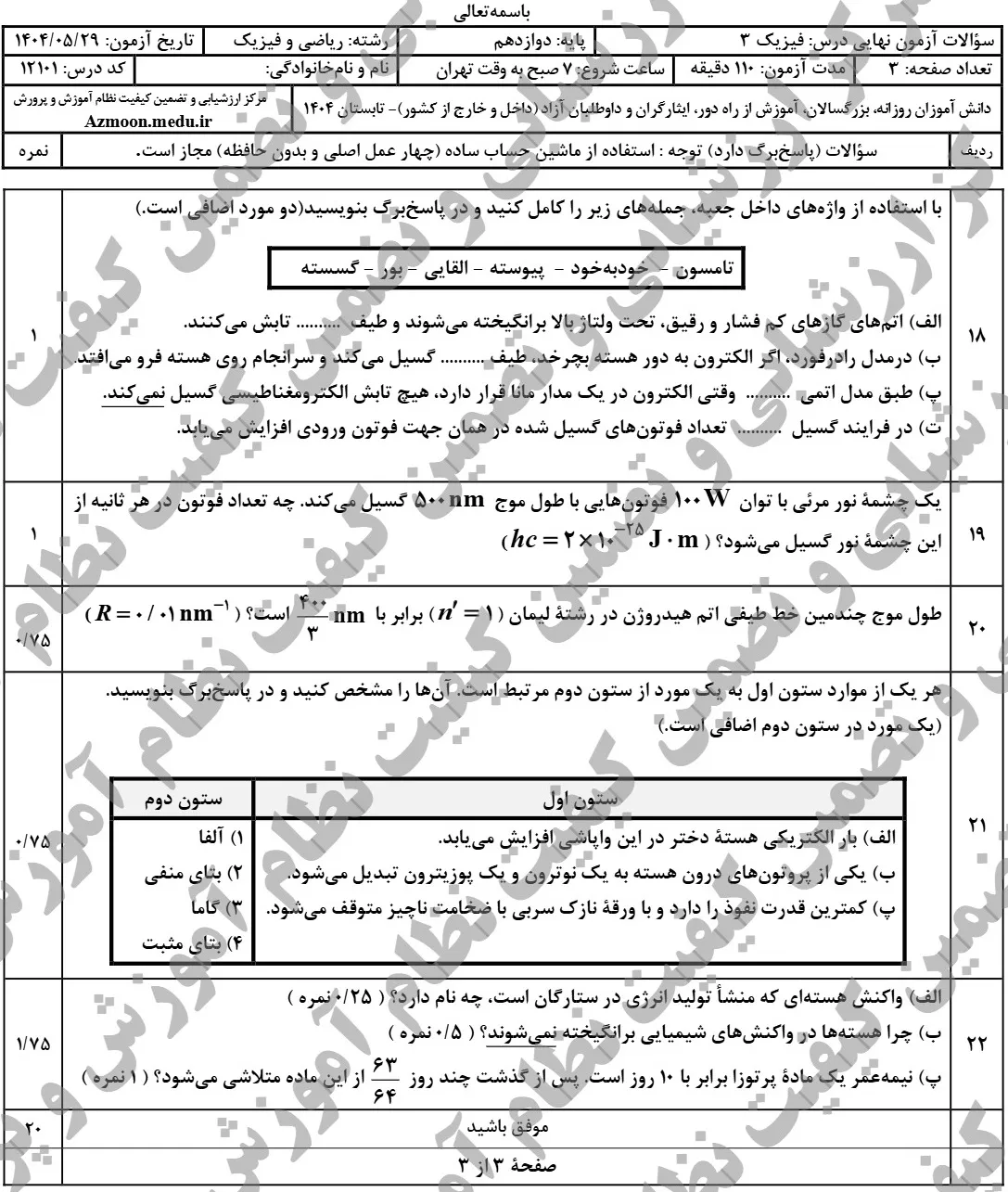 سوالات نهایی فیزیک دوازدهم ریاضی مرداد شهریور ۱۴۰۴ + پاسخنامه
