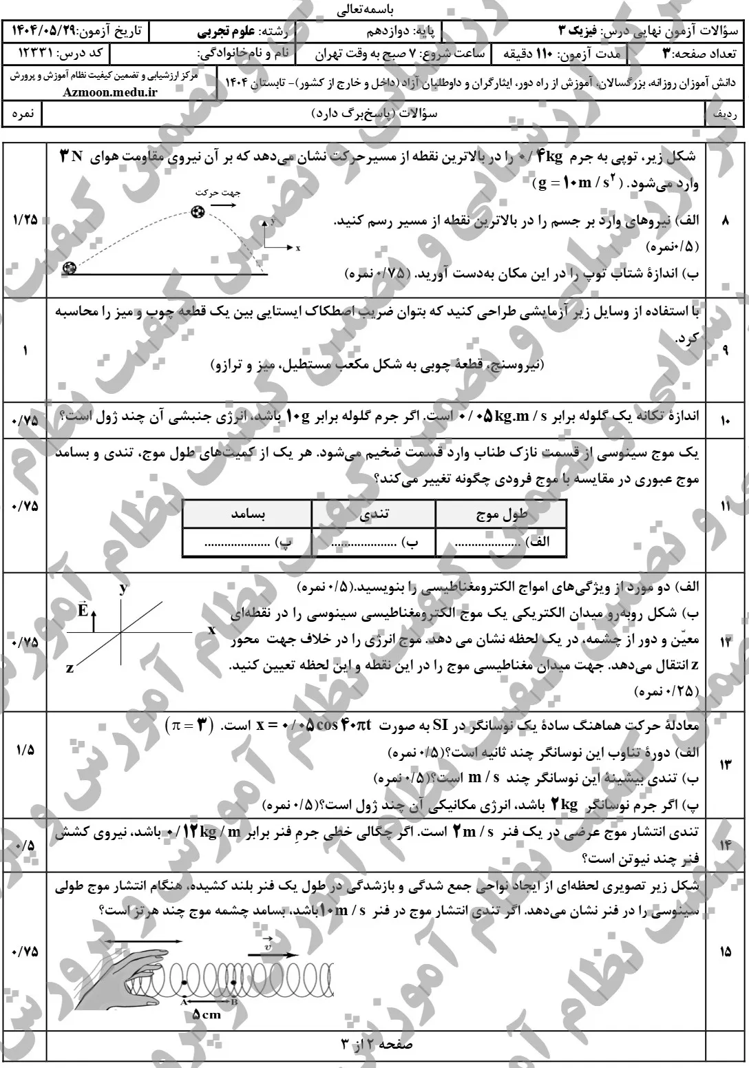 سوالات نهایی فیزیک دوازدهم تجربی شهریور ۱۴۰۴ + پاسخنامه