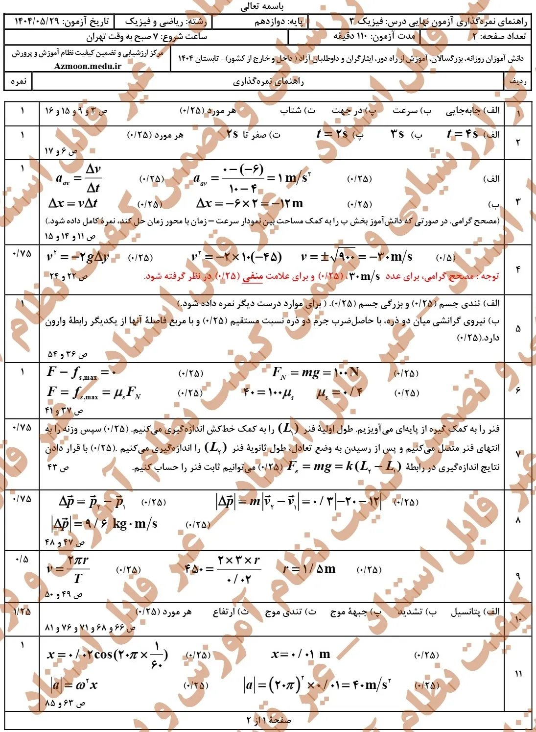 سوالات نهایی فیزیک دوازدهم ریاضی مرداد شهریور ۱۴۰۴ + پاسخنامه