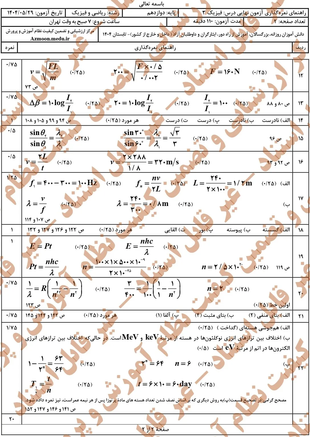 سوالات نهایی فیزیک دوازدهم ریاضی مرداد شهریور ۱۴۰۴ + پاسخنامه