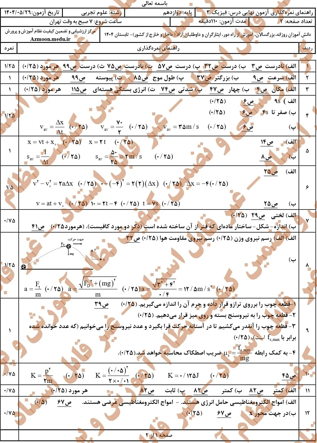سوالات نهایی فیزیک دوازدهم تجربی شهریور ۱۴۰۴ + پاسخنامه