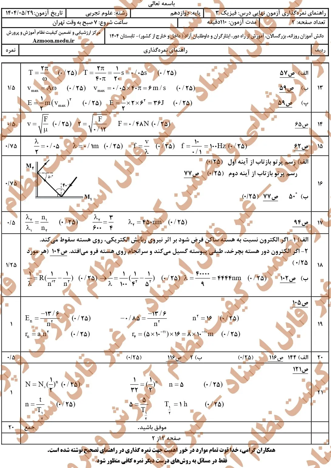 سوالات نهایی فیزیک دوازدهم تجربی شهریور ۱۴۰۴ + پاسخنامه