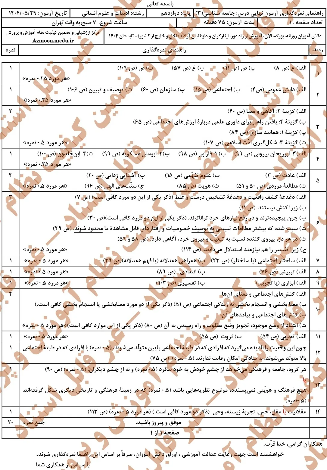 سوالات نهایی جامعه شناسی دوازدهم شهریور ۱۴۰۴ + پاسخنامه
