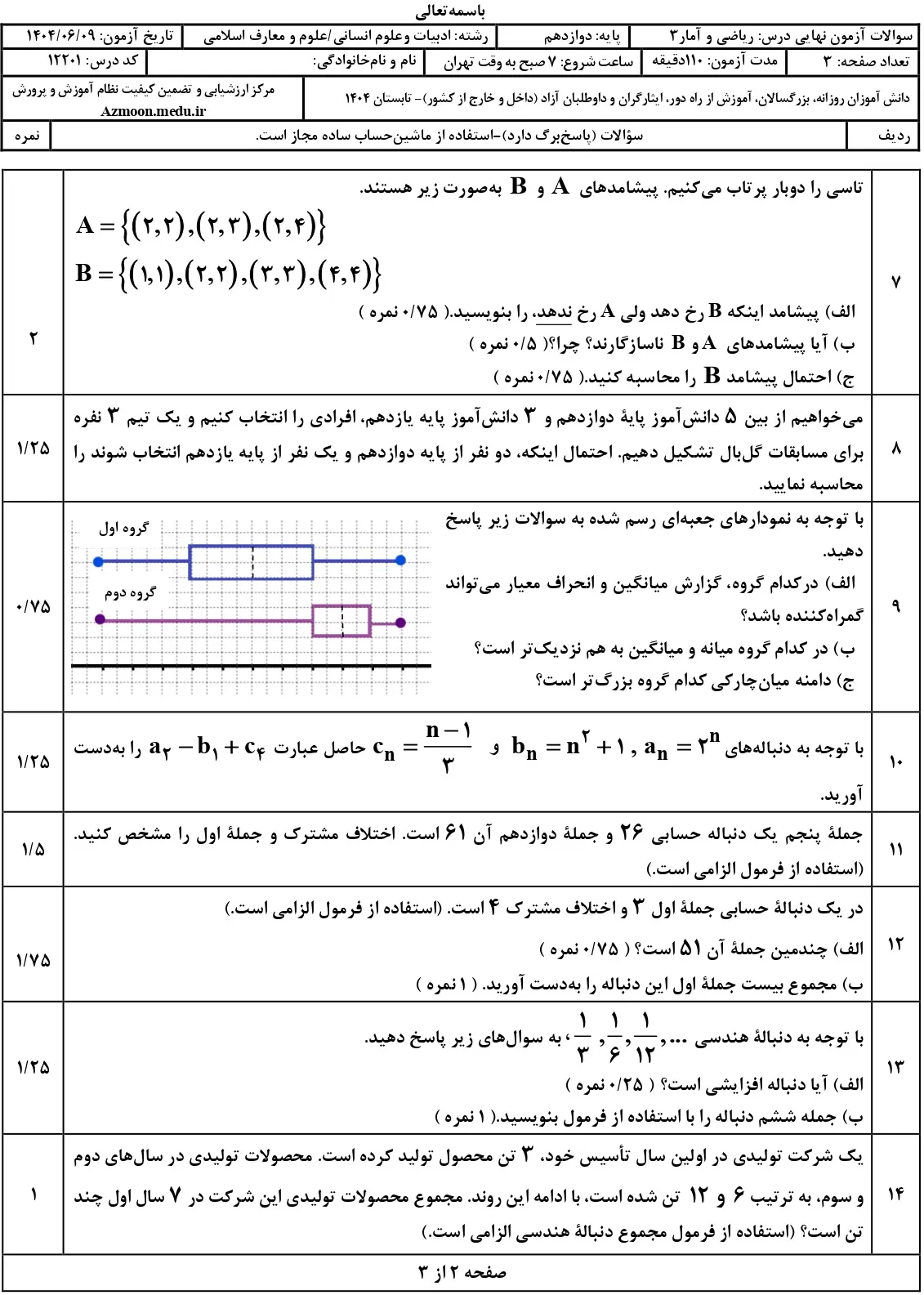 سوالات نهایی ریاضی و آمار انسانی دوازدهم شهریور ۱۴۰۴ + جواب