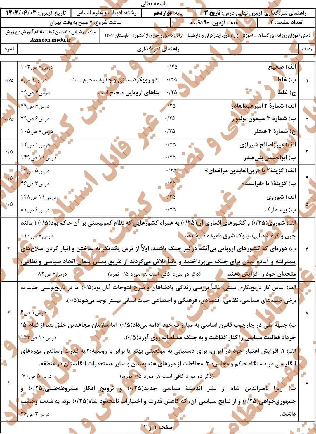 سوالات نهایی تاریخ دوازدهم انسانی شهریور ۱۴۰۴ + پاسخنامه