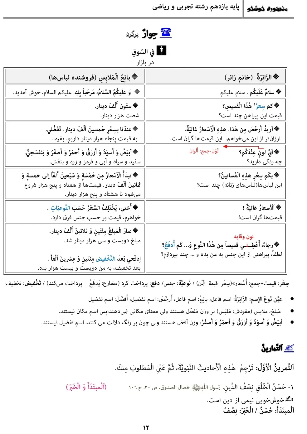معنی، ترجمه، حل تمرین درس ۱ عربی یازدهم تجربی و ریاضی