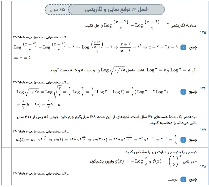 جزوه سوالات نهایی فصل به فصل حسابان یازدهم با جواب (250 سوال)
