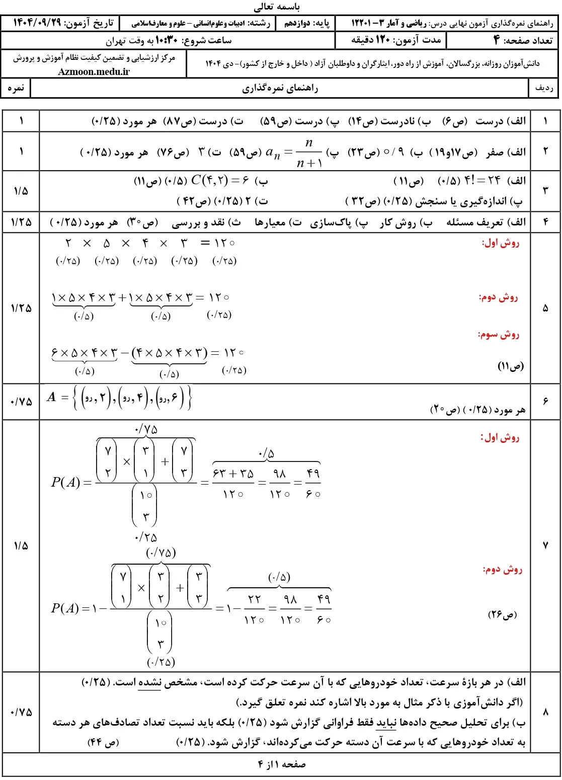 سوالات امتحان نهایی ریاضی و آمار انسانی دوازدهم دی ۱۴۰۴ + جواب