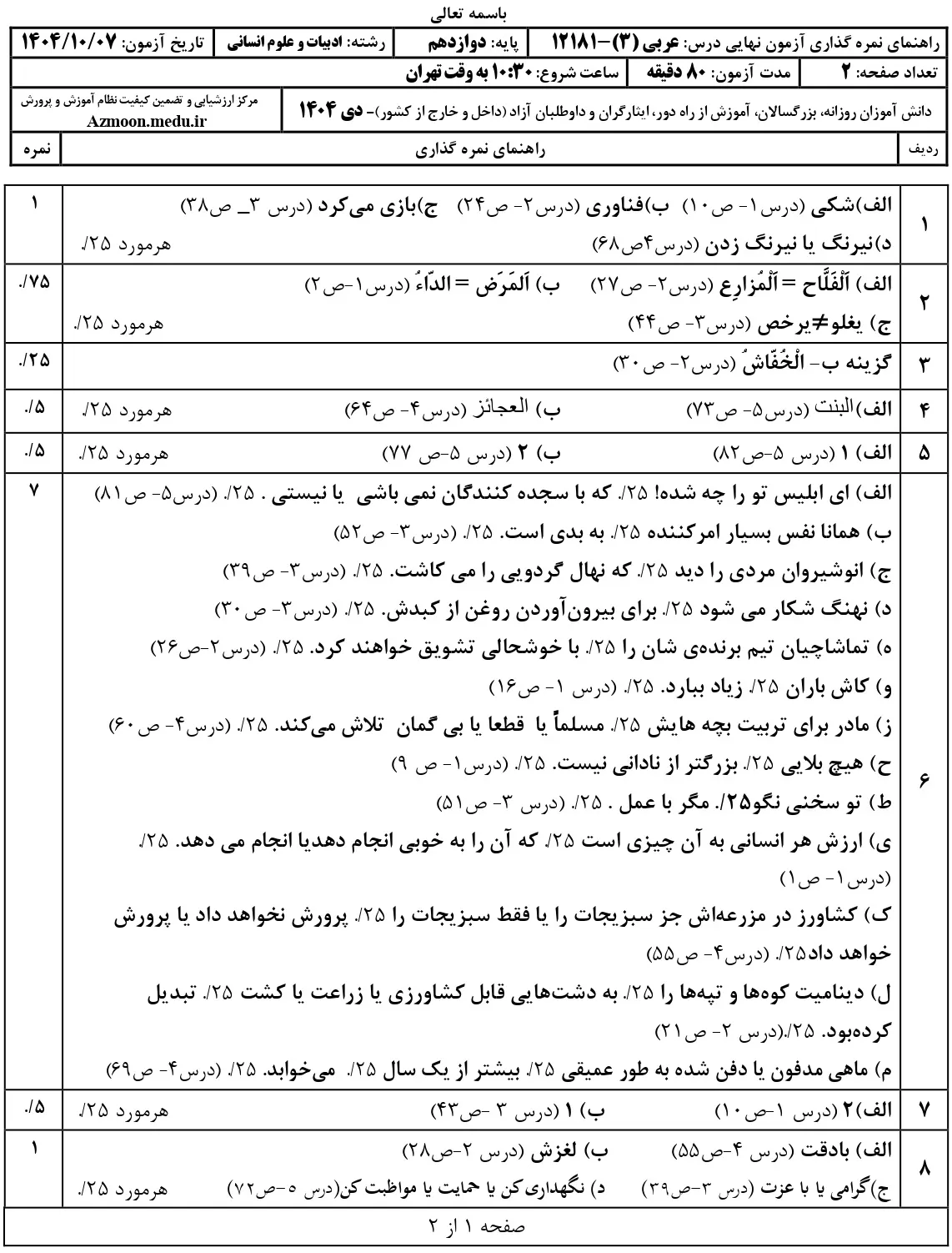 پاسخنامه سوالات عربی دوازدهم انسانی نهایی دی 1404