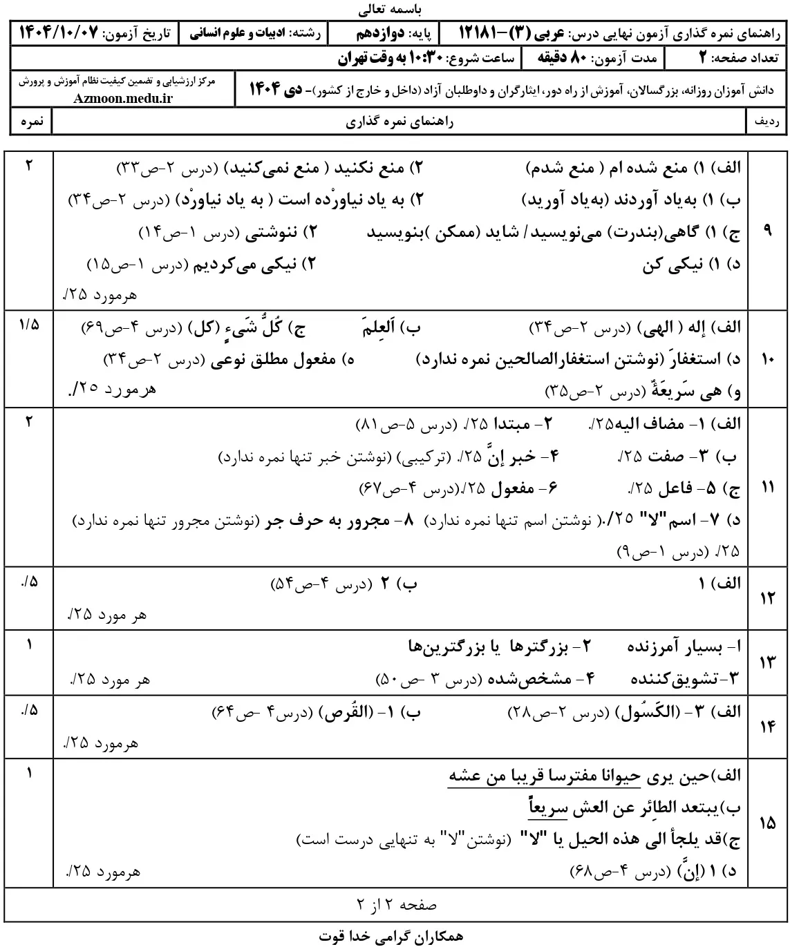 پاسخنامه سوالات عربی دوازدهم انسانی نهایی دی 1404