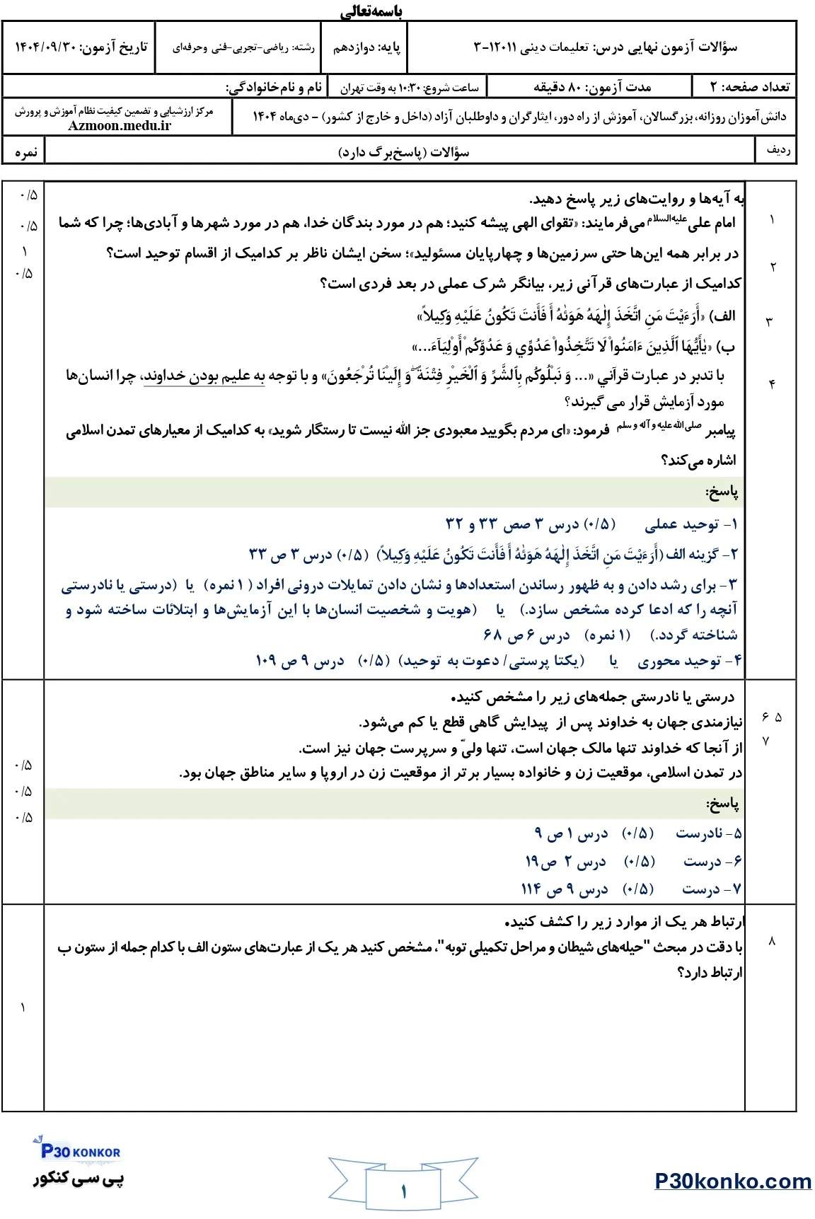 سوالات امتحان نهایی دینی دوازدهم دی ۱۴۰۴ + جواب
