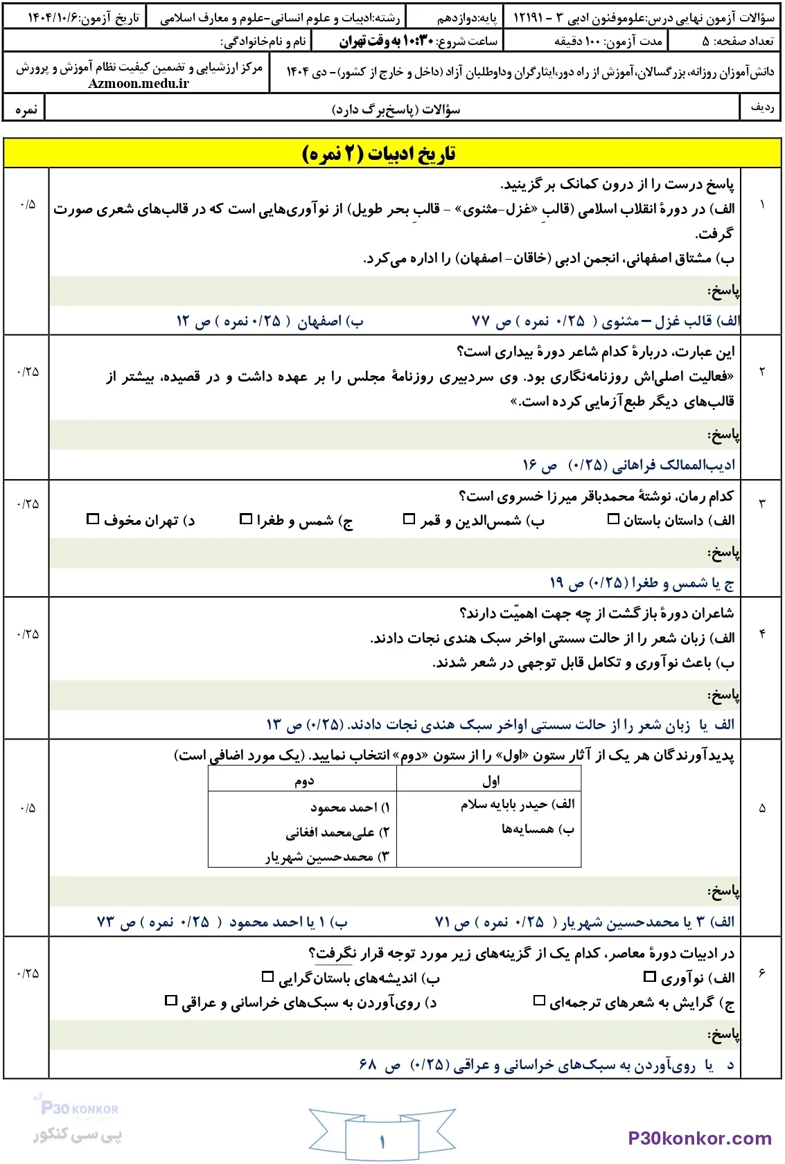 سوالات امتحان نهایی علوم و فنون ادبی دوازدهم دی ۱۴۰۴ + جواب