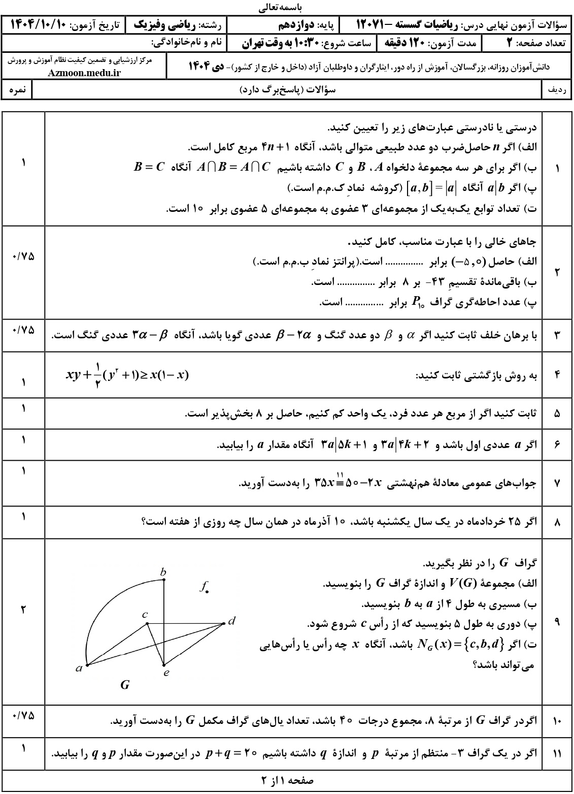 سوالات امتحان نهایی ریاضی گسسته دوازدهم دی ۱۴۰۴ + جواب