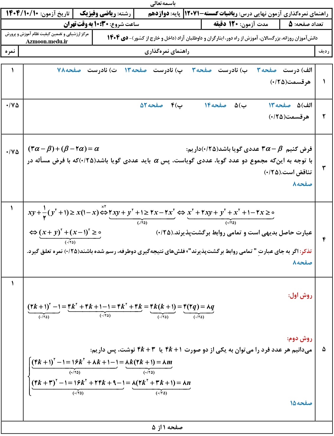 سوالات امتحان نهایی ریاضی گسسته دوازدهم دی ۱۴۰۴ + جواب