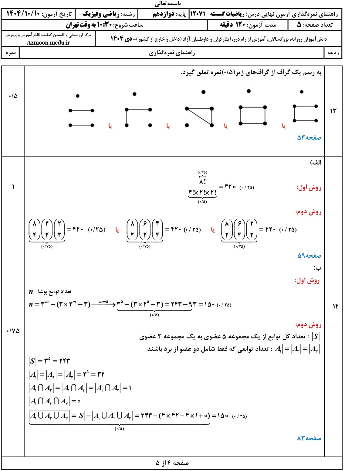 سوالات امتحان نهایی ریاضی گسسته دوازدهم دی ۱۴۰۴ + جواب