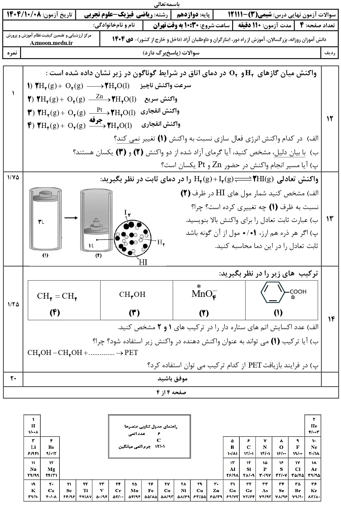سوالات امتحان نهایی شیمی دوازدهم دی ۱۴۰۴ + جواب