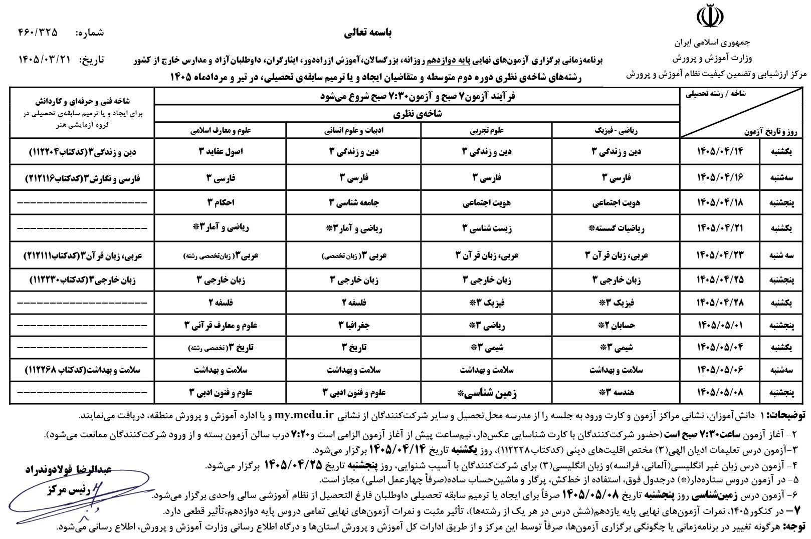 برنامه امتحان نهایی دوازدهم خرداد ۱۴۰۵